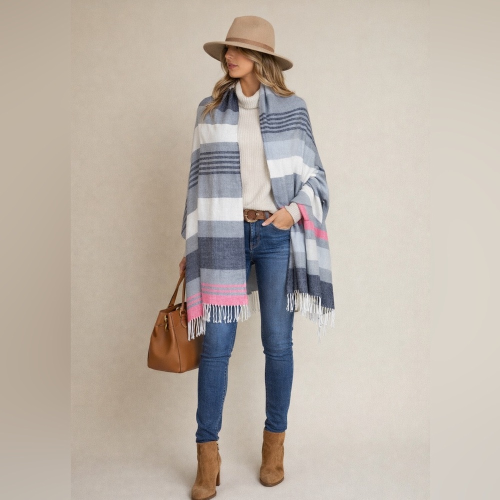 NEW | GAP Striped Scarf Wrap Blanket Fringe Pink White Gray Blue